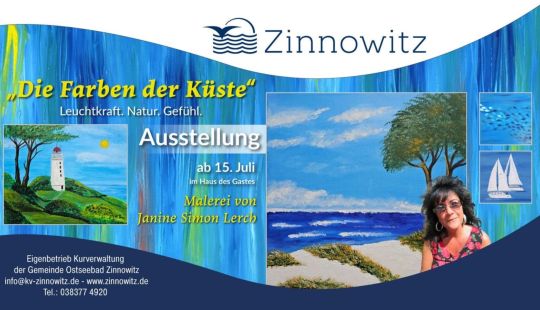 Farbenfrohe Werke der Zinnowitzer Künstlerin Janine Simon Lerch – inspiriert von Küste & Natur. Ab 15. Juli im Haus des Gastes. Eintritt frei!