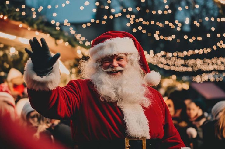 Nikolaus winkt lächelnd auf dem festlich beleuchteten "Zinnowitz on Ice"-Adventsfest.