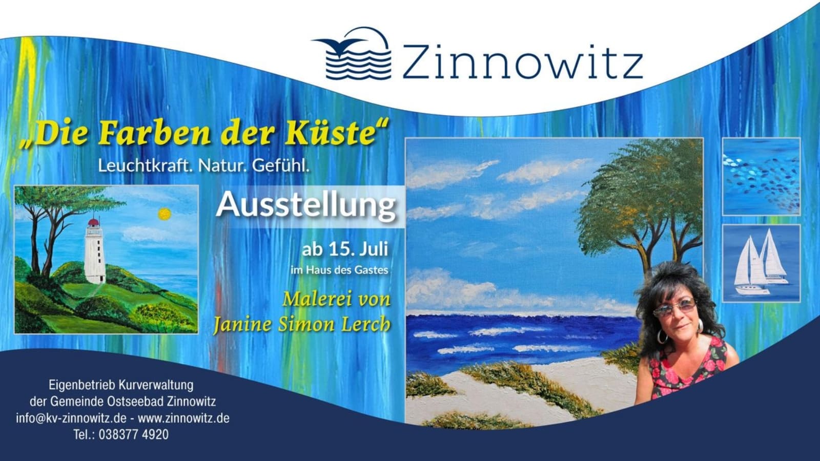 Farbenfrohe Werke der Zinnowitzer Künstlerin Janine Simon Lerch – inspiriert von Küste & Natur. Ab 15. Juli im Haus des Gastes. Eintritt frei!